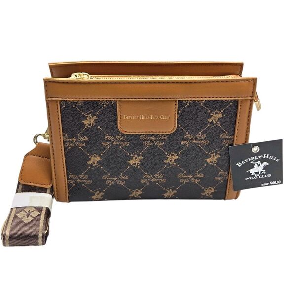 Beverly Hills Polo Club Crossbody Bag Faux Leather Brown Tan 7Hx8.5Lx3W Inch - Picture 1 of 12